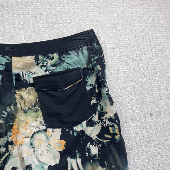 Y2K Oneill Board Shorts Mens 34 Blue / Black Floral Swim Trunks Beach Surfing - Picture 13 of 13